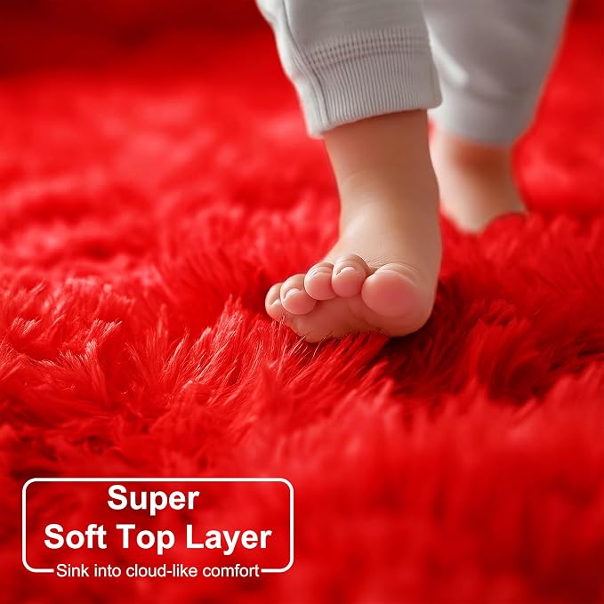 Red Round Circle Rug 6Ft for Bedroom, Large Fluffy Shag Area Rugs for Kids Room - Image 2