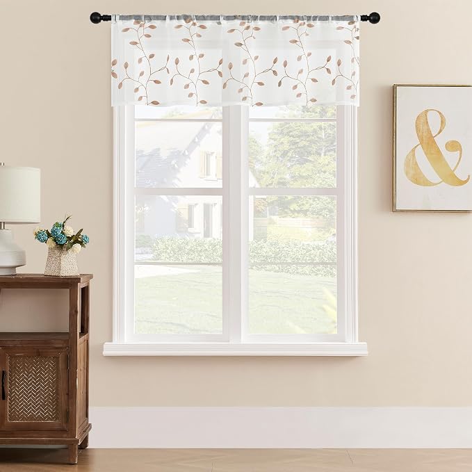 MRTREES Sheer Curtain Valances 2 Panels, Leaves Embroidered Voile Valance by MRTREES