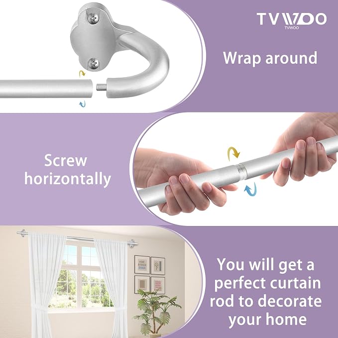 TVWOO Silver Wrap Around Curtain Rods:5/8 In Blackout Adjustable Window Curtain - Image 9