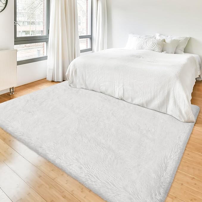 White Rug for Bedroom 4x6ft Fluffy Area Rug Mat Bedside Throw Rug for Living by JiaoBaba