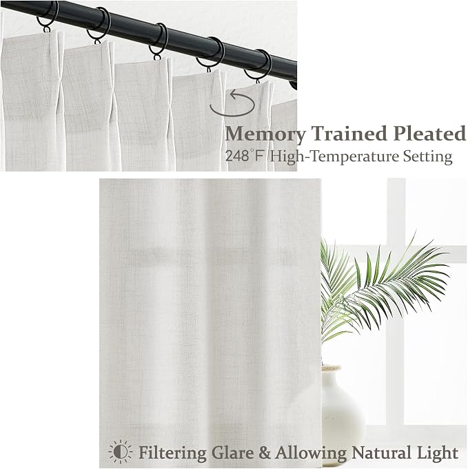 Pinch Pleated Beige White Light Filtering 60 Inch Wide Curtains 96 Inches Long - Image 3