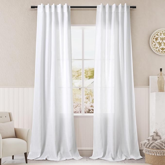 Pure White Curtains 38 x 96 inch Length 2 Panels Back Tab Sheer Linen Curtain by Nanspring