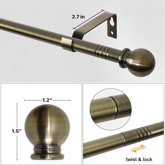Antique Brass Curtain Rods for Windows 48 to 88, Adjustable 5/8 inch Brushed - Image 2