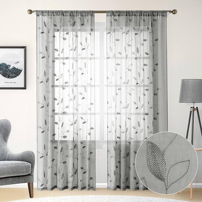 HOMEIDEAS Light Grey/Gray Sheer Curtains 52 X 84 Inches Long 2 Panels by HOMEIDEAS