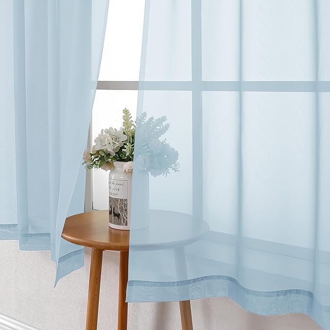 Lecloud Solid Voile Sky Blue Sheer Curtains 63 Inch Length 2 Panels, Dual Rod - Image 3