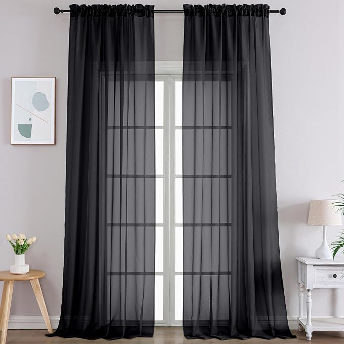 Gwine Black Sheer Curtains 120 Inches Long 2 Panels Set, Extra Long Sheer Black by Gwine