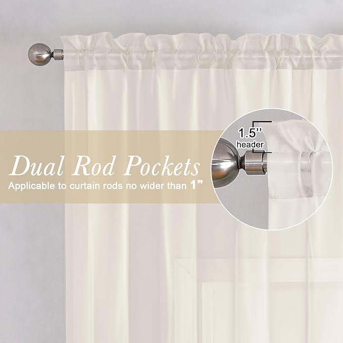 Lecloud Ivory Sheer Curtains 84 Inches Long 2 Panels, Solid Voile Light - Image 2