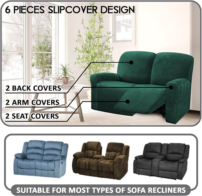 ULTICOR Reclining Love Seat Slipcover, 6-Piece Velvet Stretch Loveseat - Image 2