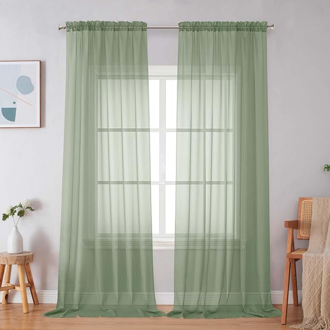 Simplebrand Sage Green Sheer Curtains 96 Inches Long, Light Filtering Rod by Simplebrand