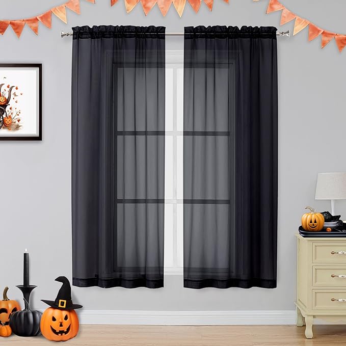 OVZME 2 Panels Sheer Black Curtains 54 Inches Length Window Treatment by OVZME