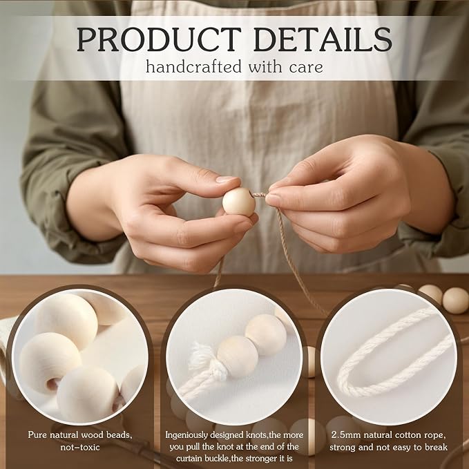 Hion 6 Pcs Boho Curtain Tiebacks, Wood Beads Curtain Holdbacks, Outdoor - Image 3