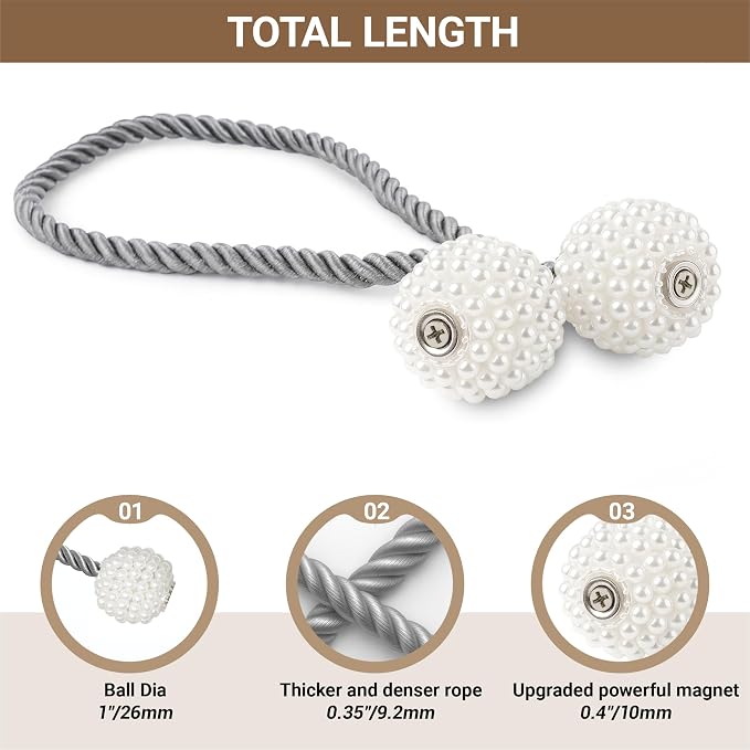 Hion Magnetic Curtain Tiebacks Grey 2pcs, Curtain Tiebacks Buckles Holdbacks - Image 2