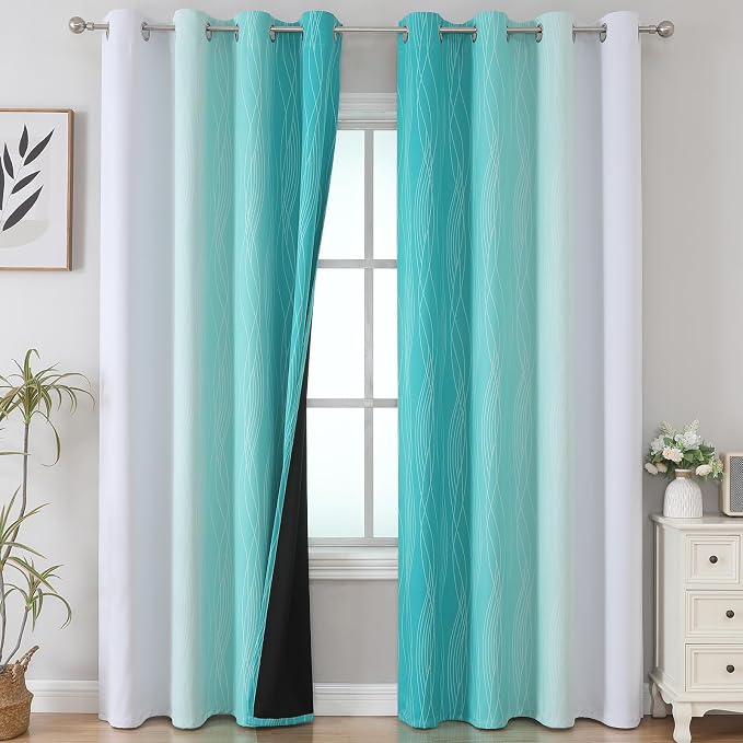 Estelar Textiler Teal and Grayish White Blackout Curtains 108 Inches Long - Image 2