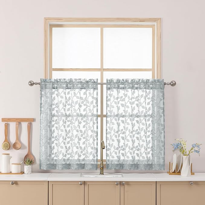 Chyhomenyc Light Grey Sheer Curtains 30 Inch Length, Light Filtering Leaf by Chyhomenyc
