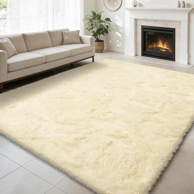 Shag Area Rug for Bedroom 5x8, Ivory Fluffy Area Rugs for Living Room, Soft by yulidayang