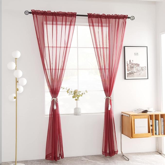 youleyar Solid Sheer Rod Pocket Curtain Voile Draperies 2 Panels White Beige - Image 2