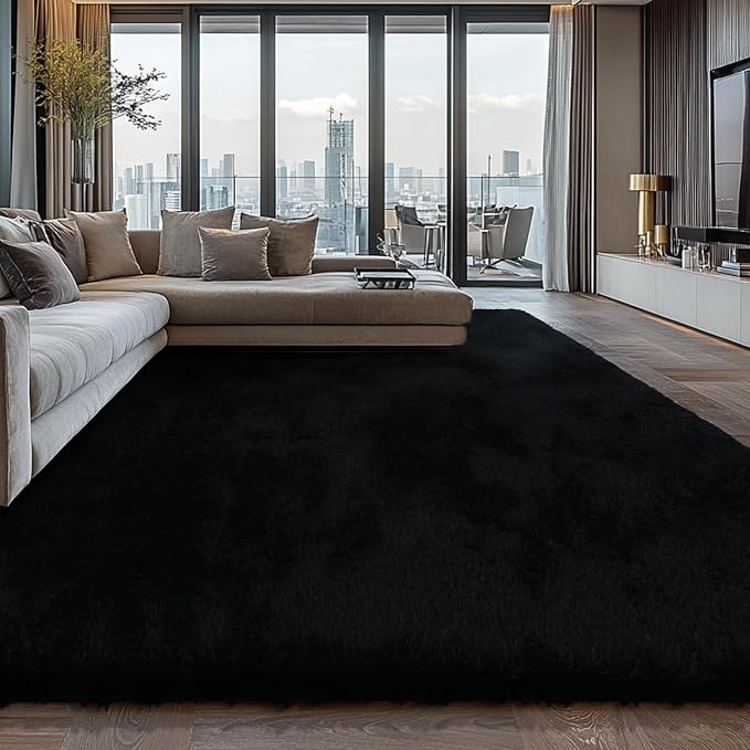 10X14 Large Shag Area Rugs for Living Room Bedroom, Big Soft Black Fluffy Rug by Boshengya