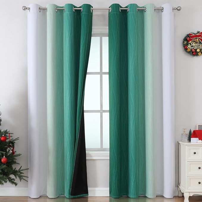 Estelar Textiler Green and Greyish White Ombre Blackout Curtains 90 Inch Length - Image 2