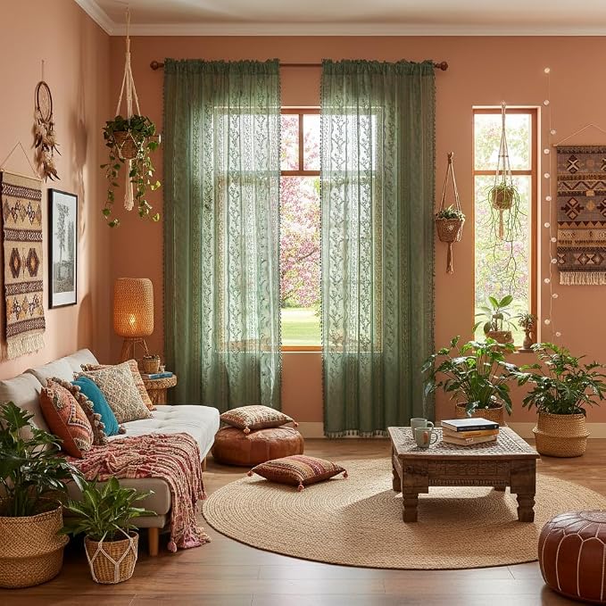 WAZZIO Boho Lace Curtains 2 Panels 72 Inches -Vintage Victorian Sheer Panel - Image 3