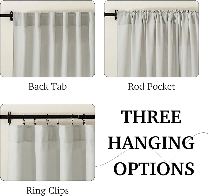 RYB HOME Grey Linen Sheer Curtains & Drapes, Back Tab 95 inches Easy Sliding - Image 2
