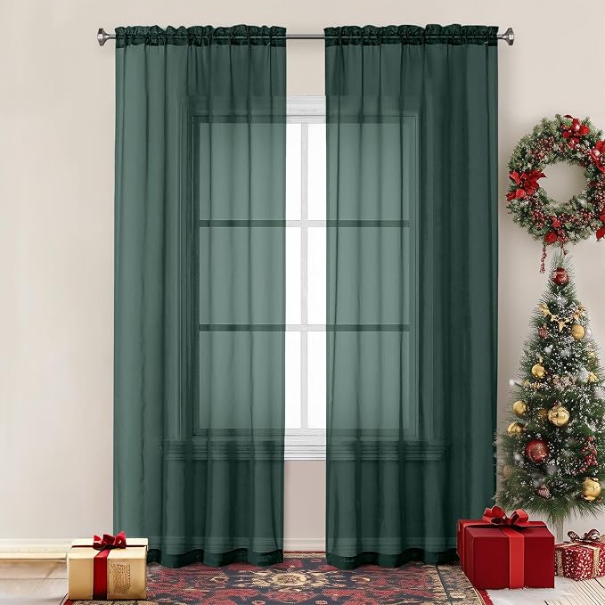 Chyhomenyc Hunter Green Sheer Curtains 84 inches Long 2 Panels, Light Filtering by Chyhomenyc