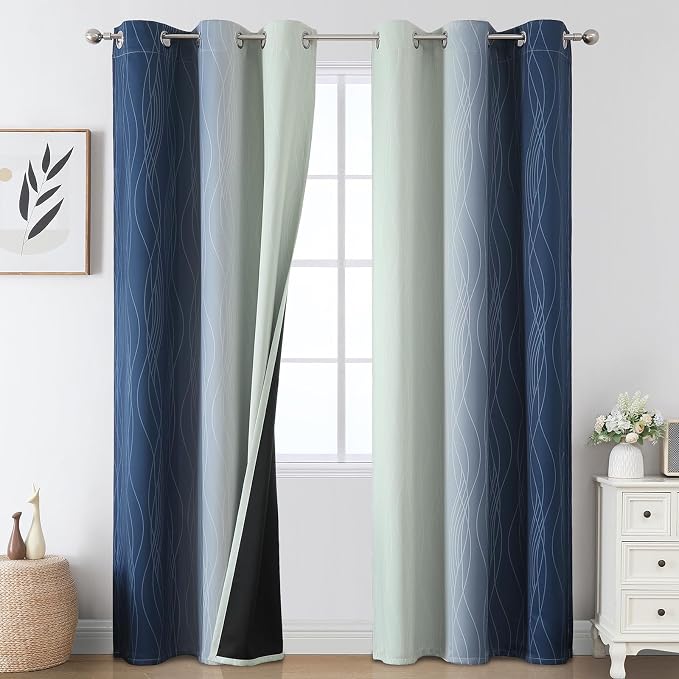 Estelar Textiler Navy Blue and Sage Green Ombre Blackout Curtains by ESTELARTEXTILER