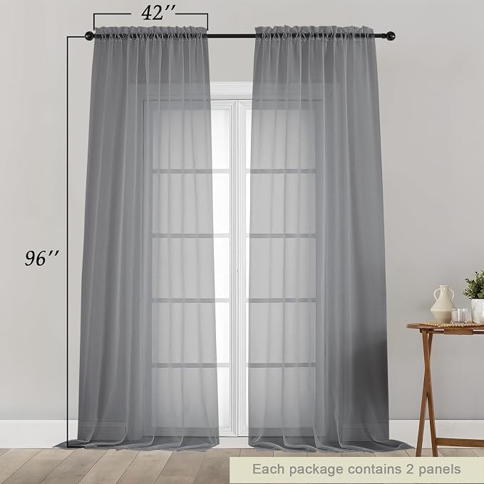 Grey Sheer Curtains for Bedroom Living Room 96 Inches Long 2 Panels, Modern - Image 2