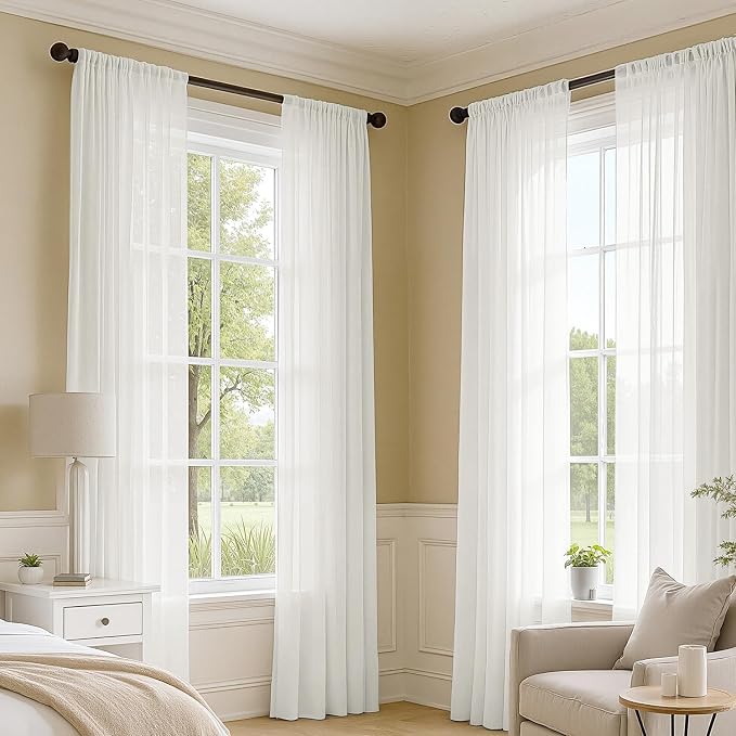 MIULEE Beige White Sheer Curtains 90 Inches Long 4 Panels 42 x 90 Inches | - Image 2