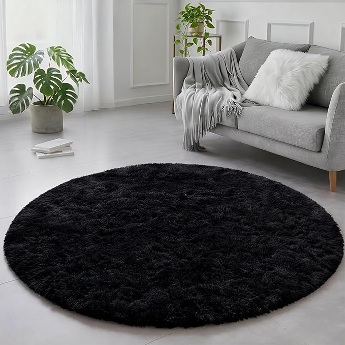 Black Round Rugs 5Ft for Bedroom Aesthetic, Fluffy Plush Circle Area Rugs for by Amdrebio