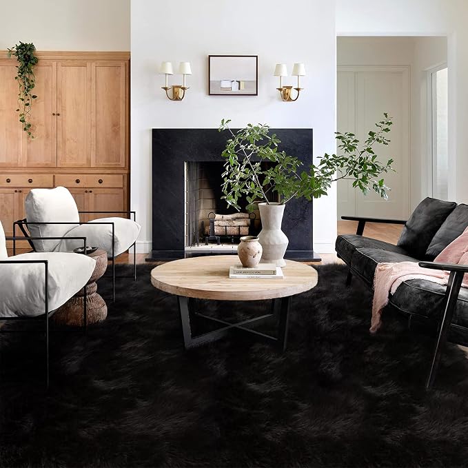 Latepis 9 x 12 Area Rug for Living Room Black Fur Faux Sheepskin Fluffy Rug for - Image 2