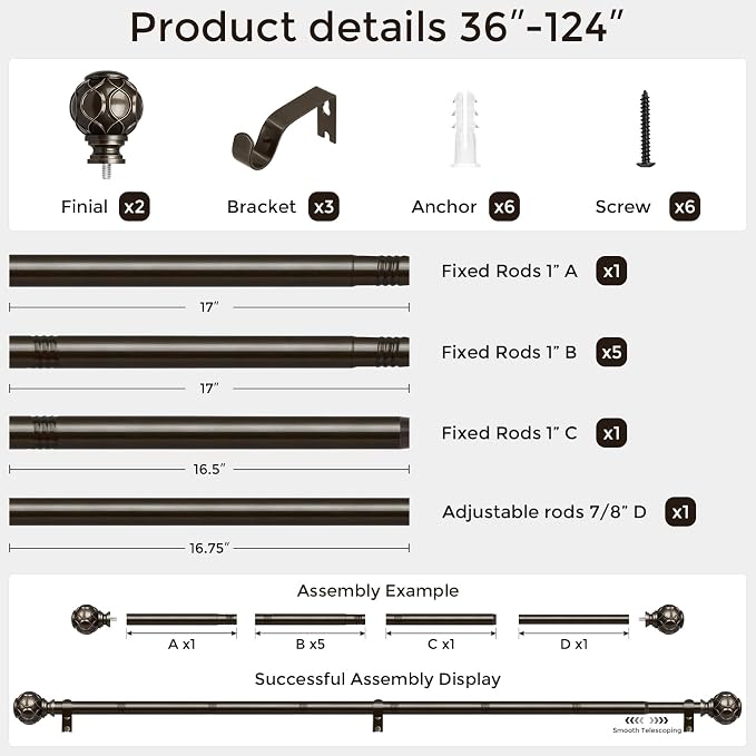Long Bronze Curtain Rod, Heavy Duty 1 Inch Decorative Curtain Rods - Image 5