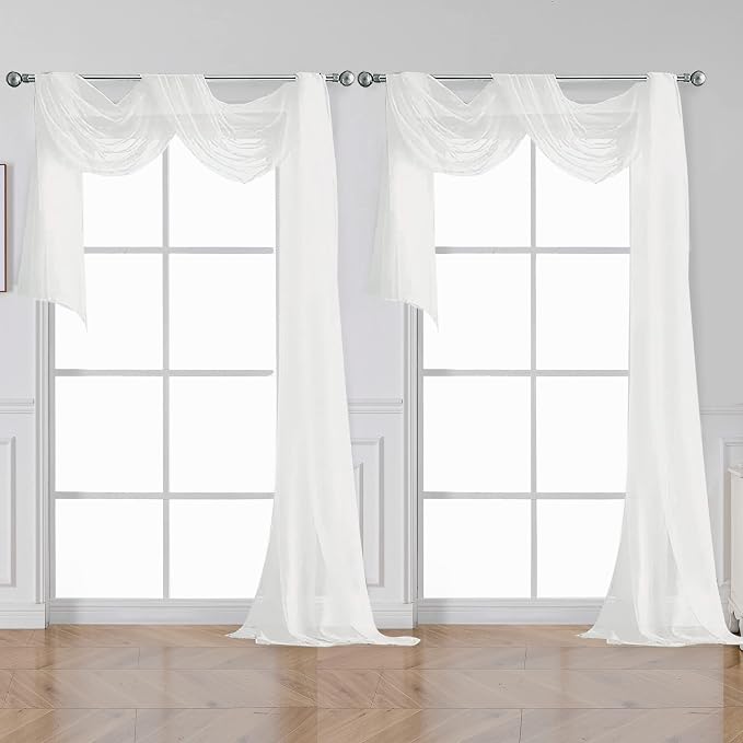 OVZME White Sheer Window Curtains 144 inch Extra Long 2PCS, Airy Scarf Drapes by OVZME