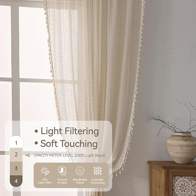 WAZZIO Boho Lace Curtains 45 Inches 2 Panel, Light Filtering Privacy Tassel & - Image 4