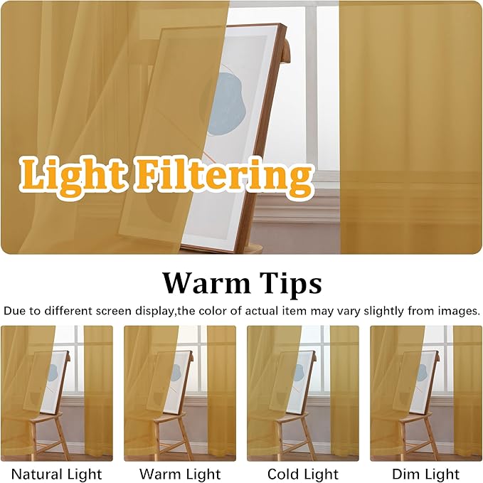 Gwine Gold Sheer Curtains 30 Inch Length, Short Light Filtering Voile Small - Image 6
