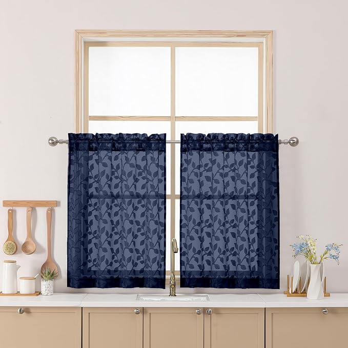 Chyhomenyc Navy Blue Sheer Curtains 30 Inch Length, Light Filtering Leaf Tufted by Chyhomenyc