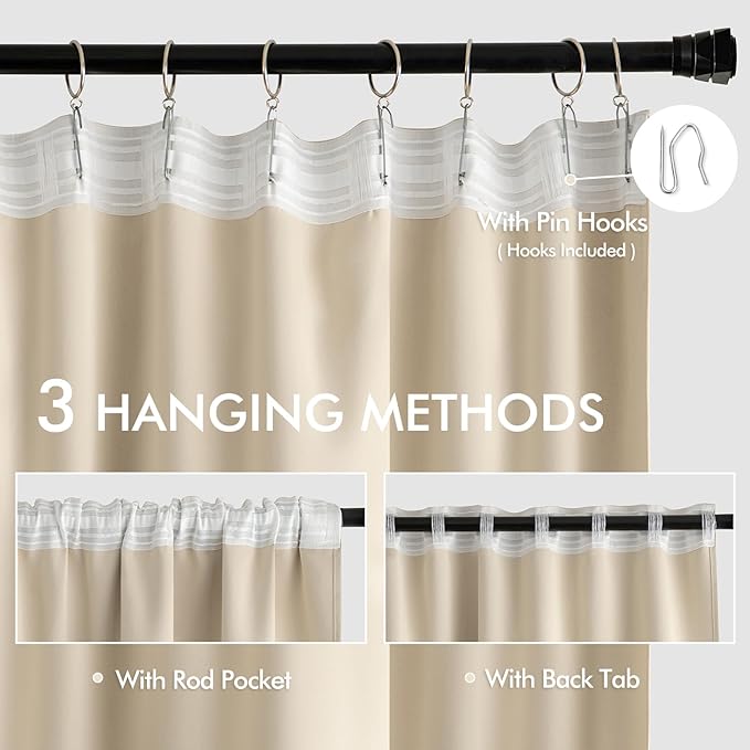 MIULEE Cream Beige Back Tab Light Blocking Curtains 104 Inch Length 2 Panels Set - Image 3