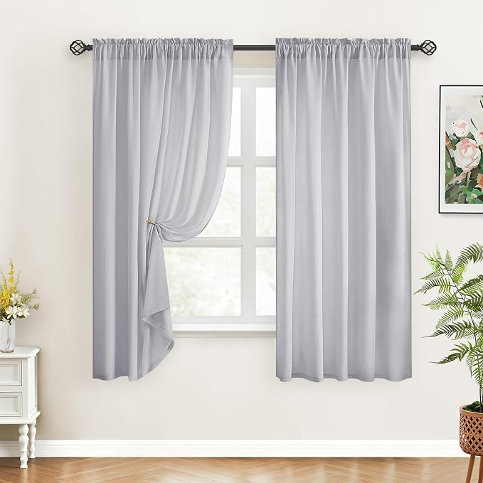 HOMEIDEAS Non-See-Through Light Grey Privacy Sheer Curtains, 52 X 54 Inches - Image 2