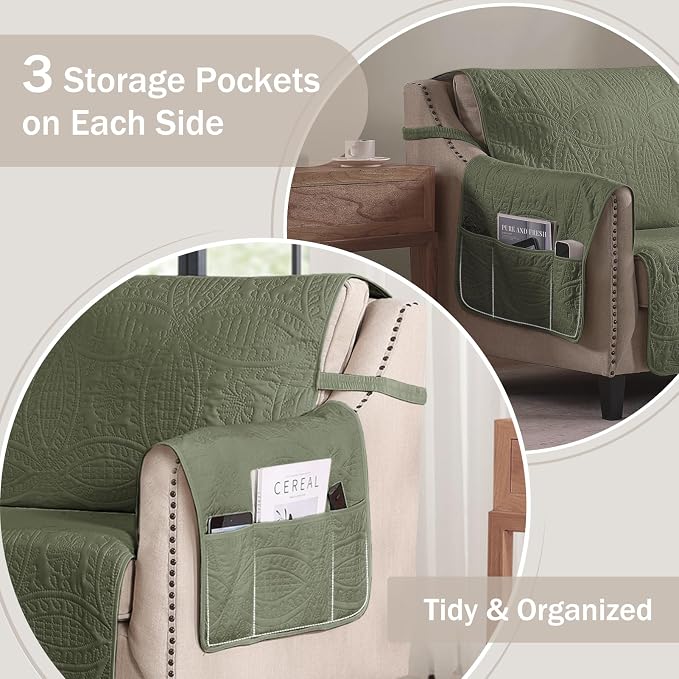 Green Recliner TV Chair Covers, Quilted Décor Water-Repellent Medium Lazy Boy - Image 4