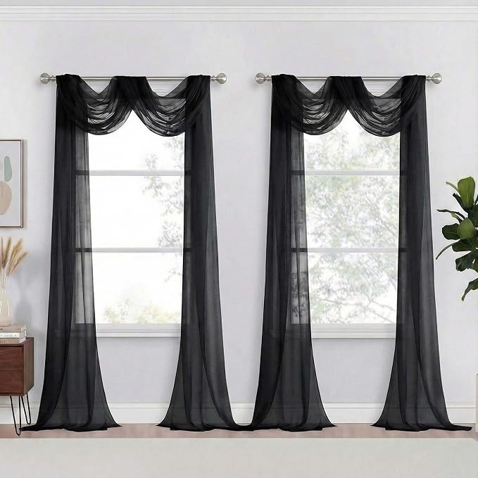 Black Sheer Curtains 216 Inches Long, Extra Long Elegant Light Filtering Voile by Home