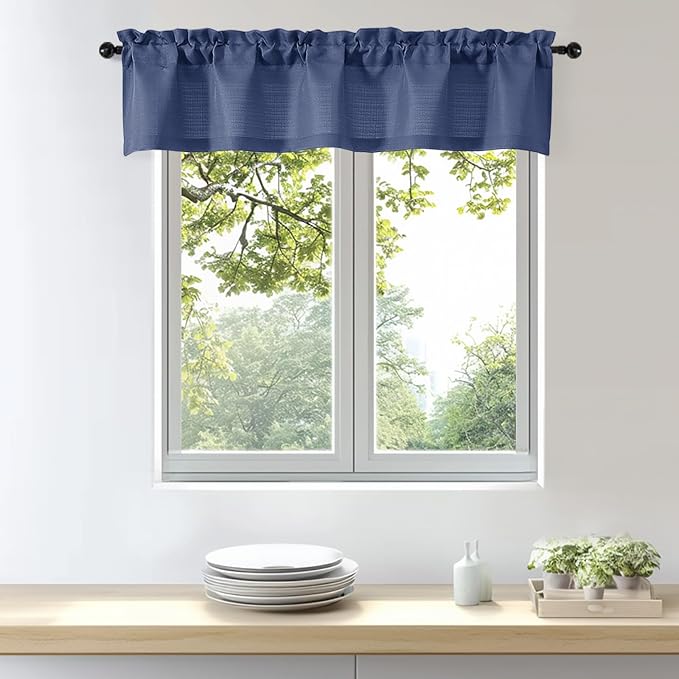 OWENIE Bob 1 PCS Blue Valances for Windows, Faux Linen Textured Kitchen Window by OWENIE