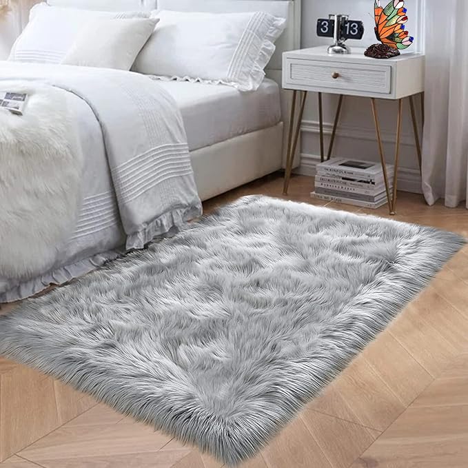 Goolela Grey Fluffy Fuzzy Rug for Bedroom Dorm 3x5 Gray Furry Faux Fur Shaggy - Image 2