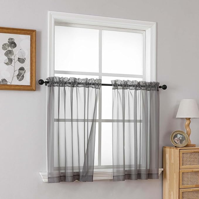 Grey Small Sheer Curtains 2 Panels, Kitchen Curtains 36 Inch Length, Elegant - Image 8