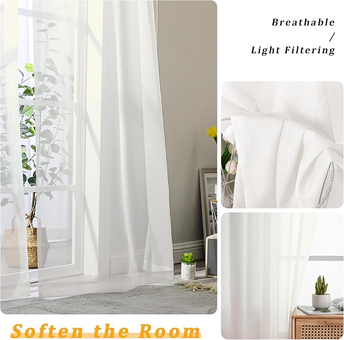 Gwine Extra Long Ivory Sheer Curtains 120 Inches Long 2 Panels Set, Voile Light - Image 3