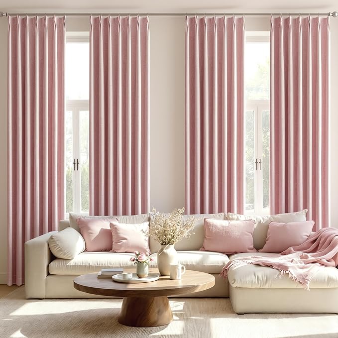 MIULEE Pink Pinch Pleated 100% Blackout Linen Curtains 40x96 Inches | Room - Image 7