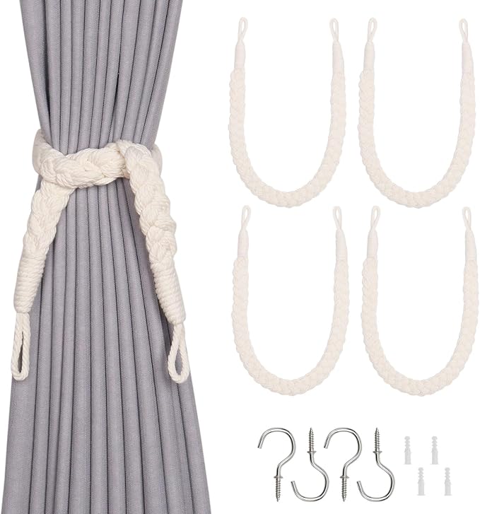 NICEEC 4 Pack Natural Cotton Rope Curtain Tiebacks Elegant Boho Style by NICEEC