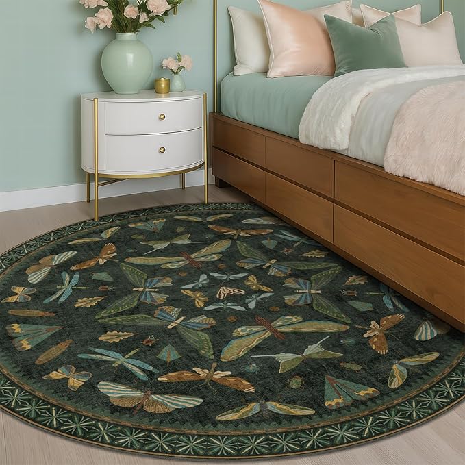 Dark Green Insect 6ft Round Washable Area Rug - Image 3