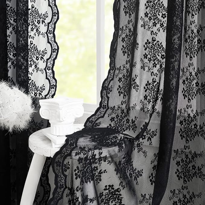 YJ YANJUN Vintage Lace Curtains 63 Inch Length-Victorian Floral Pattern Black by YJYANJUN