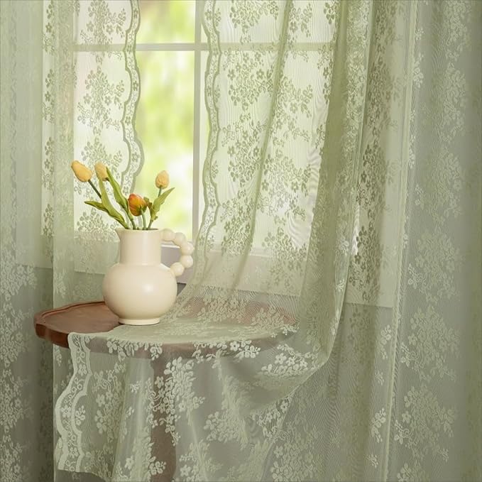 YJ YANJUN Vintage Lace Curtains -Cottage Flower Sage Green 132 inch Curtains - Image 3
