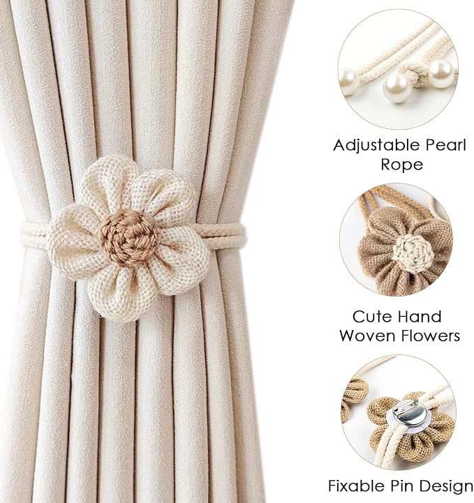 SRG 4pcs Handmade Pearl Curtain Tiebacks Boho Flower Curtain Holdbacks - Image 3