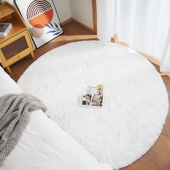 Ghouse Faux Rabbit Fur Round Rug 8ft White Round Rugs - Image 2